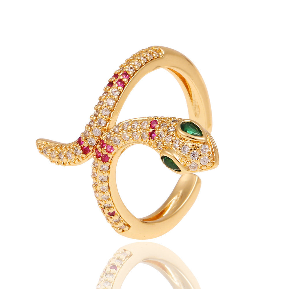 Copper Plated Genuine Gold Snake Shaped Diamond Ring With Adjustable