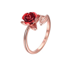 Red Rose Garden Flower Leaves Resizable Gold Finger Rings