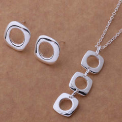 Silver Plated Set Korean Fashion Square Earring Necklace