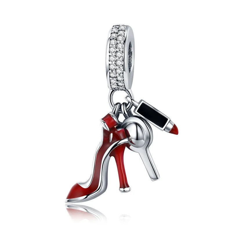 S925 Sterling Silver Red Lipstick High Heel Shoes Makeup Mirror Pendant