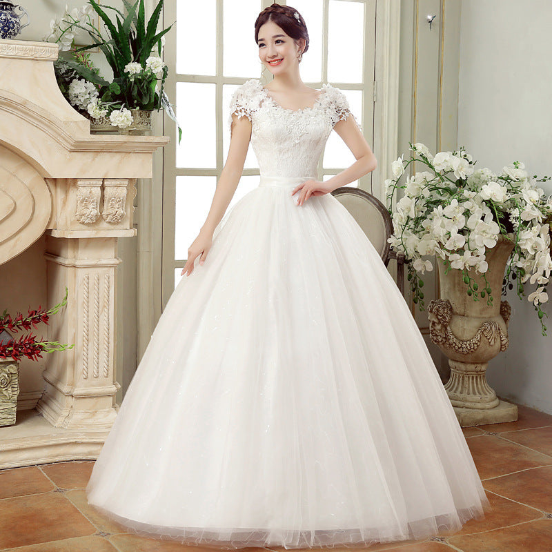 White Korean lace wedding dress, front view, gauze fabric, flower shoulder, slim fit bridal gown