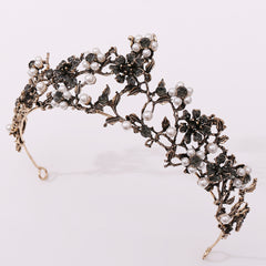 Floral Paved Black Diamond Pearl Baroque Bridal Tiara