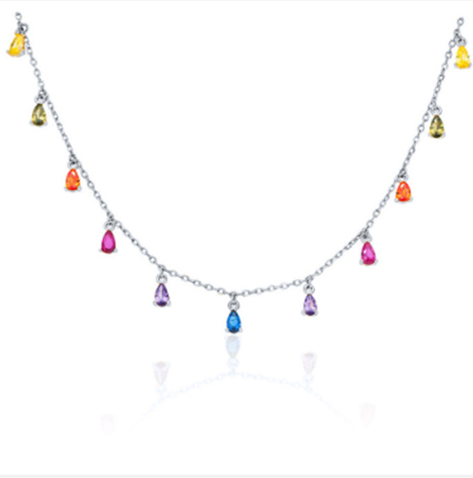 S925 Sterling Silver Colorful Crystals Water Drop Pendant Clavicle Necklace