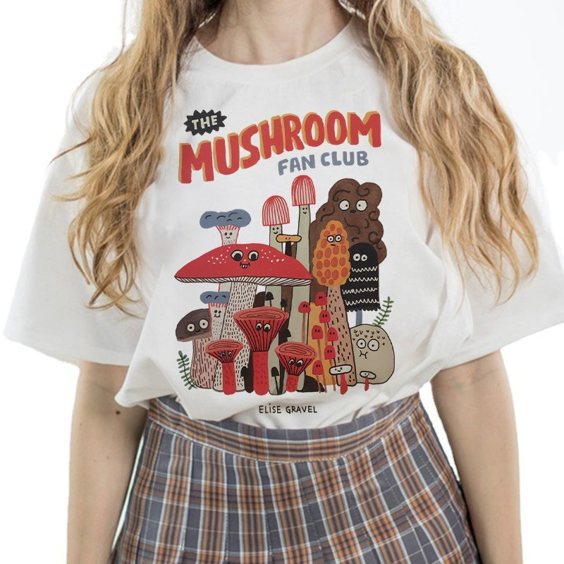 Cute Cartoon Mushroom Print Round Neck Loose T-shirt Short Sleeve