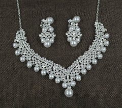 White pearl necklace diamond suit bride wedding accessories hair earrings set 0284