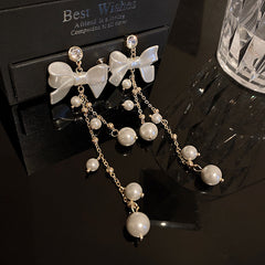 Zircon Pearl Bowknot Tassel Earrings Super Fairy Lady Earrings Temperament Sweet Earrings Women