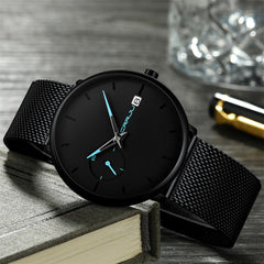 Men's minimalist analog quartz date bracelet watch with Milan stainless steel mesh belt