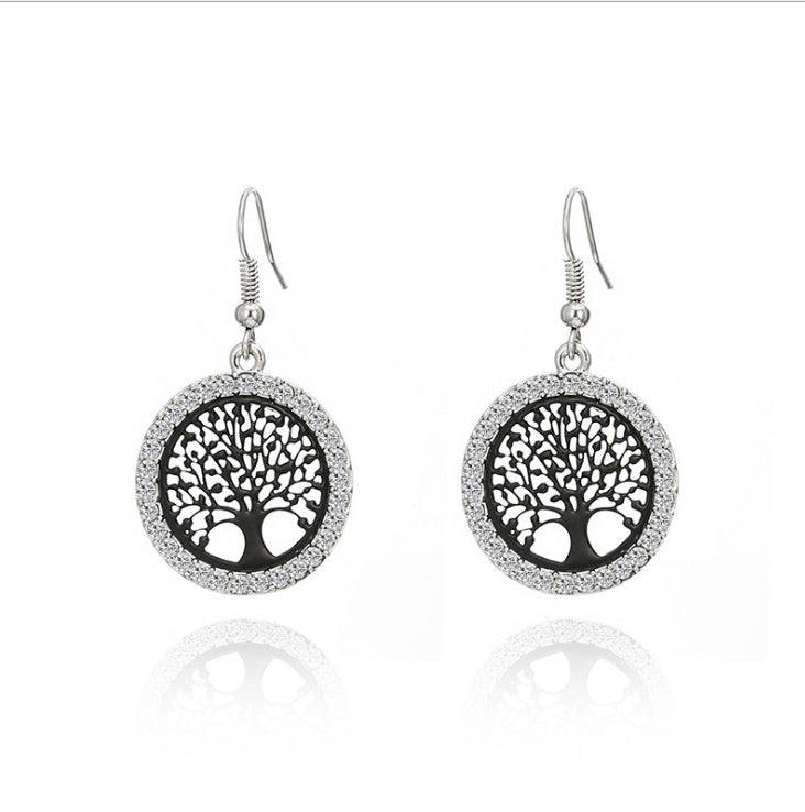 creative earrings life tree ear hooks Europe and the United States Amazon punk earrings round hollow diamond earrings