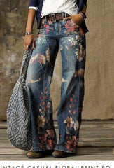 Ladies Demin Floral Printed Straight Leg Pants