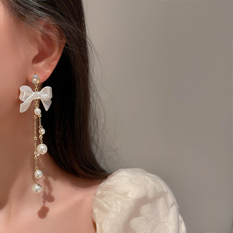 Zircon Pearl Bowknot Tassel Earrings Super Fairy Lady Earrings Temperament Sweet Earrings Women