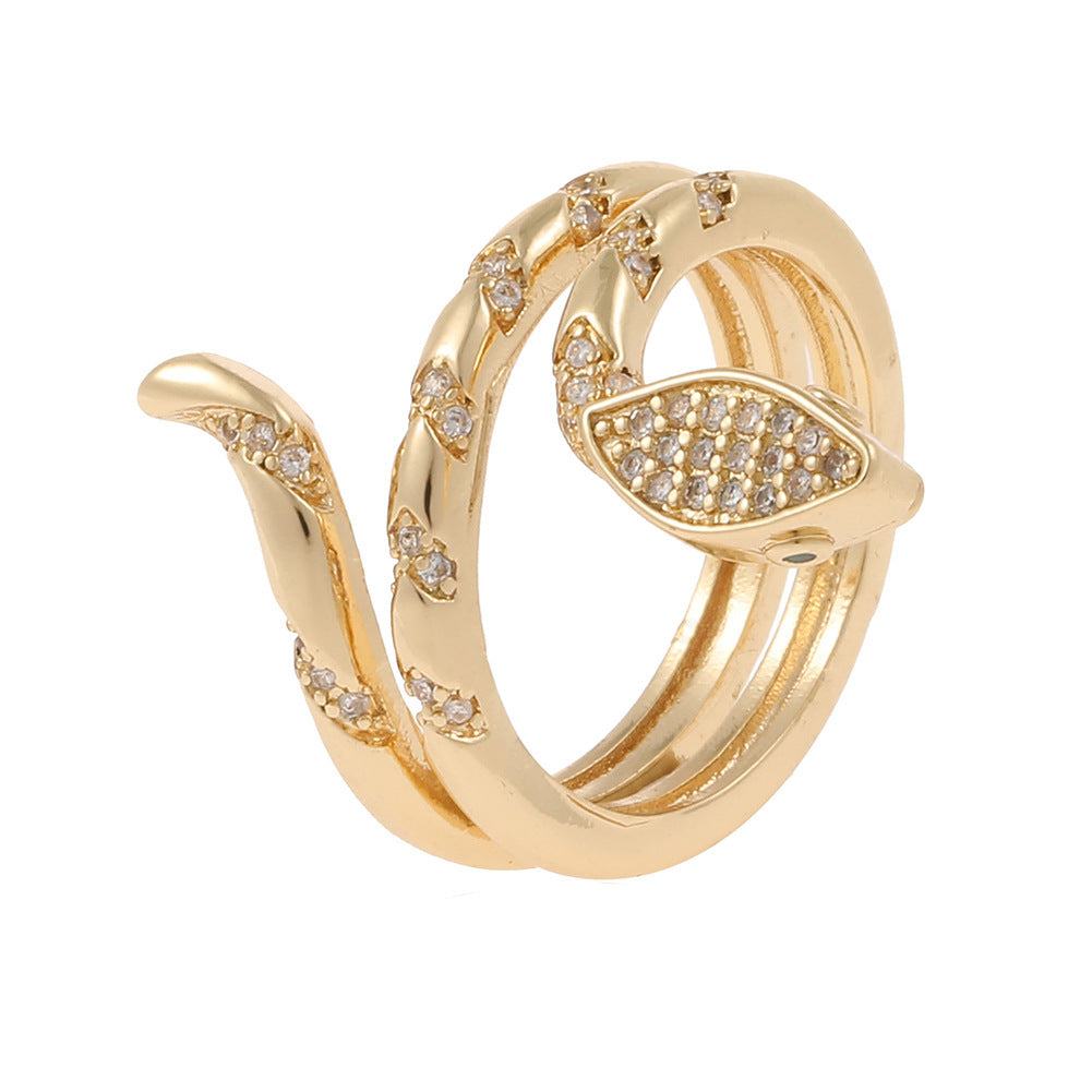 Copper Plated Genuine Gold Snake Shaped Diamond Ring With Adjustable