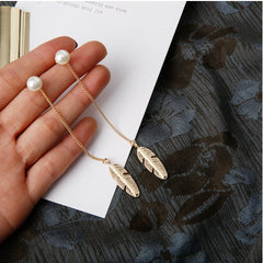 Personality Feather Leaf Pearl Tassel Long Earrings