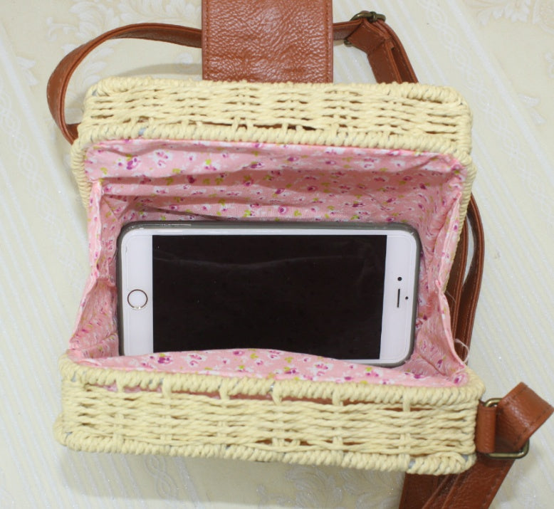 Women's rattan beach bag shoulder diagonal candy color small square box weaving straw bag