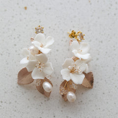 Porcelain Hair Comb Earring Set White Flowers