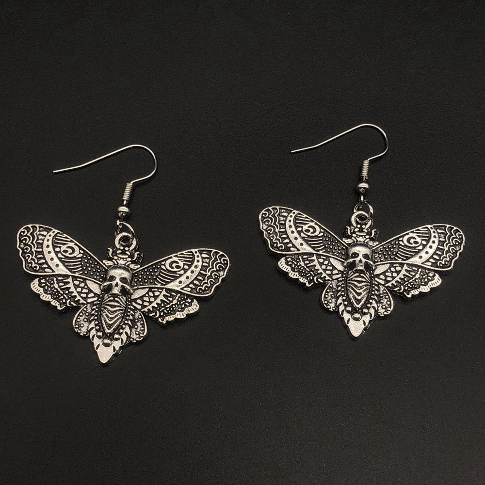 Gothic Silver Skull Butterfly Earrings