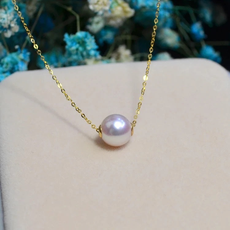 Road pass 18 K gold Akoya natural seawater pearl pendant necklace, clavicle containing 18K gold chain factory direct sales