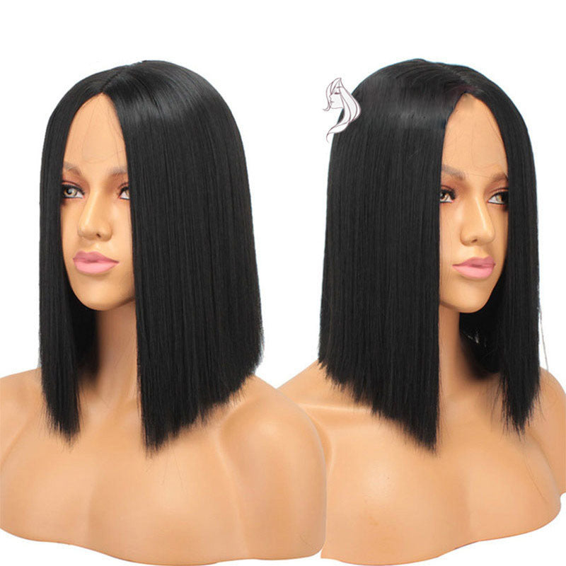 Ladies Black Short Straight Hair Front Lace Chemical Fiber