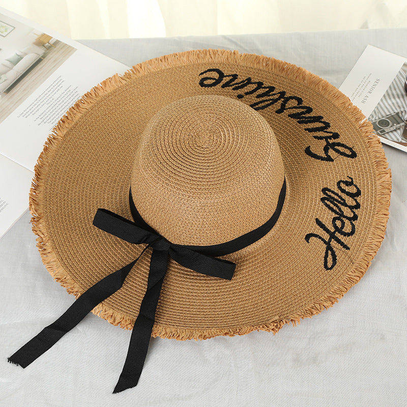 Women Lace Up Large Brim Straw Hat Beach Caps