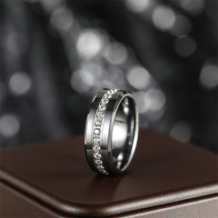 Single Row Diamond-embedded Slope Edge Unisex Silver Tungsten Ring