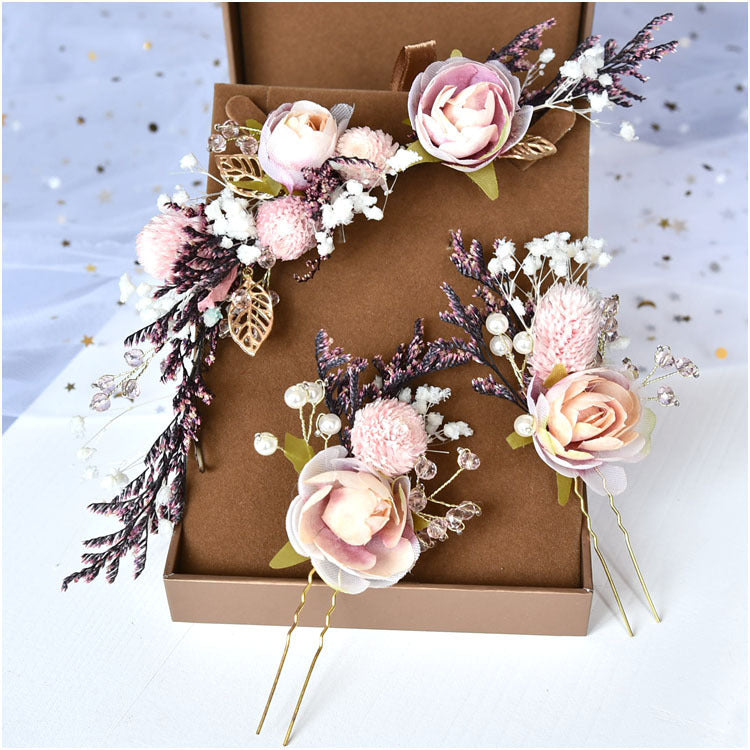 Three-piece Bridal Headdress With Dried Flowers And Roses