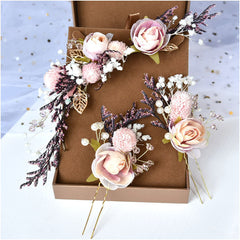 Three-piece Bridal Headdress With Dried Flowers And Roses