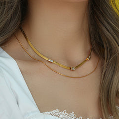 Stainless Steel Three Zircon Flat Snake Chain Choker Necklace