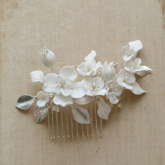 Porcelain Hair Comb Earring Set White Flowers