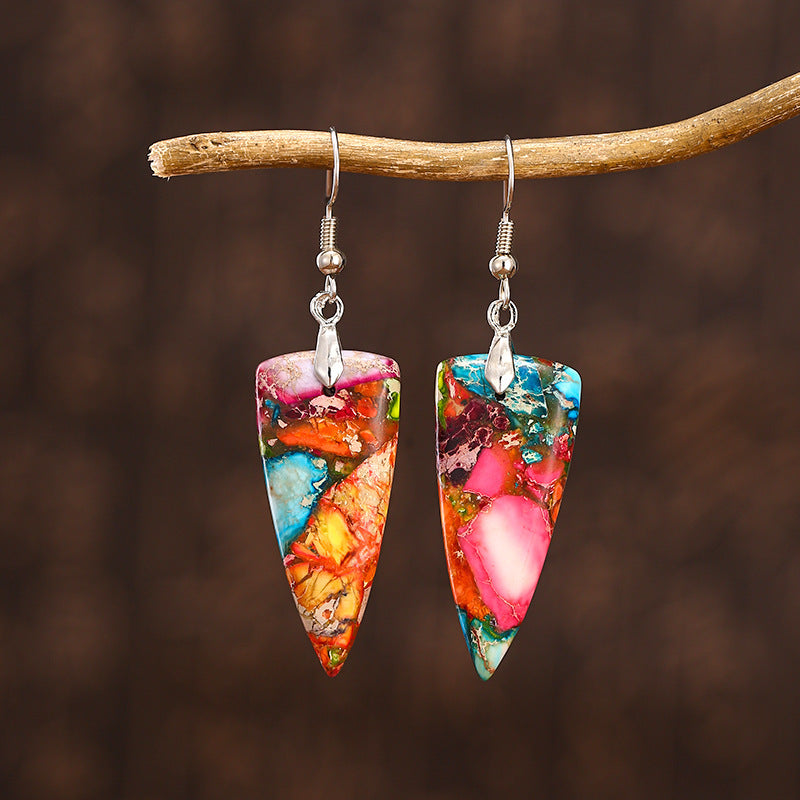 Colorful Emperor Stone Geometric Shaped Stone Earrings Triangle Temperament