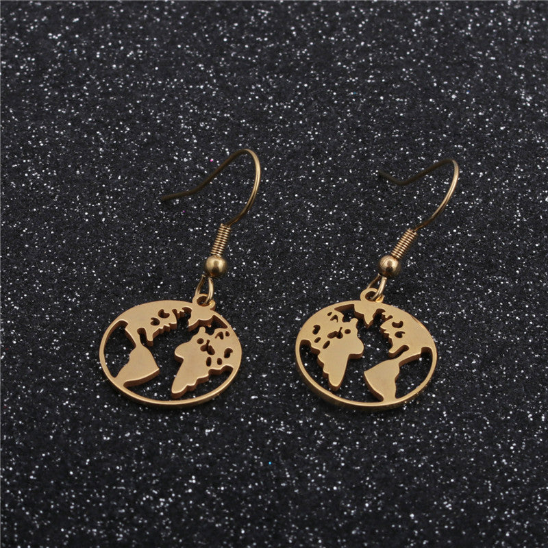 Stainless Steel Accessories Full Polished Laser Cut World Map Earrings Women