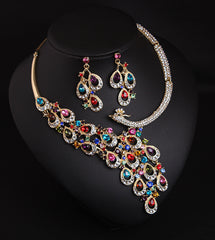 European And American Diamond Color Gem Peacock Necklace And Earrings Suite