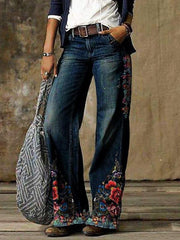 Ladies Demin Floral Printed Straight Leg Pants