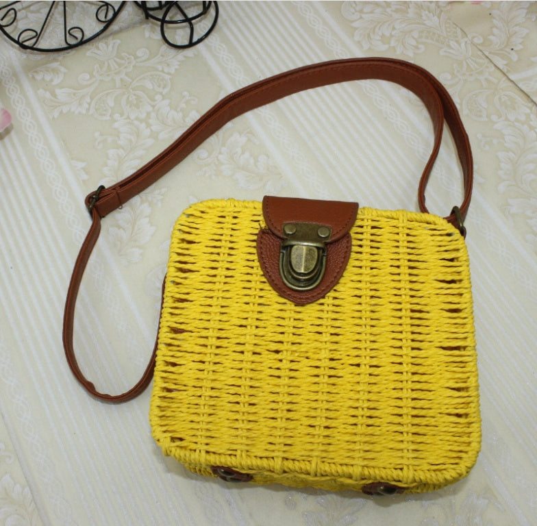 Women's rattan beach bag shoulder diagonal candy color small square box weaving straw bag