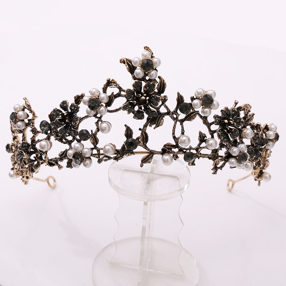 Floral Paved Black Diamond Pearl Baroque Bridal Tiara