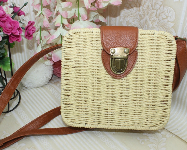 Women's rattan beach bag shoulder diagonal candy color small square box weaving straw bag