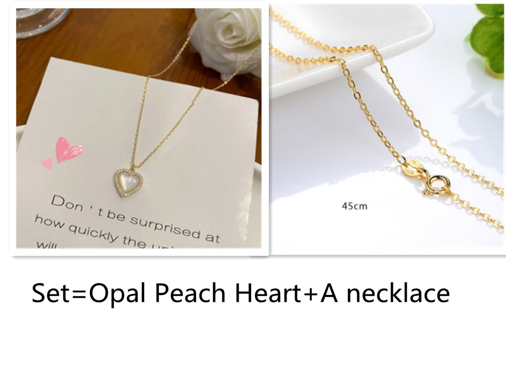 Simple And Sweet Girl Short Opal Pearl Peach Heart Pendant Clavicle Chain