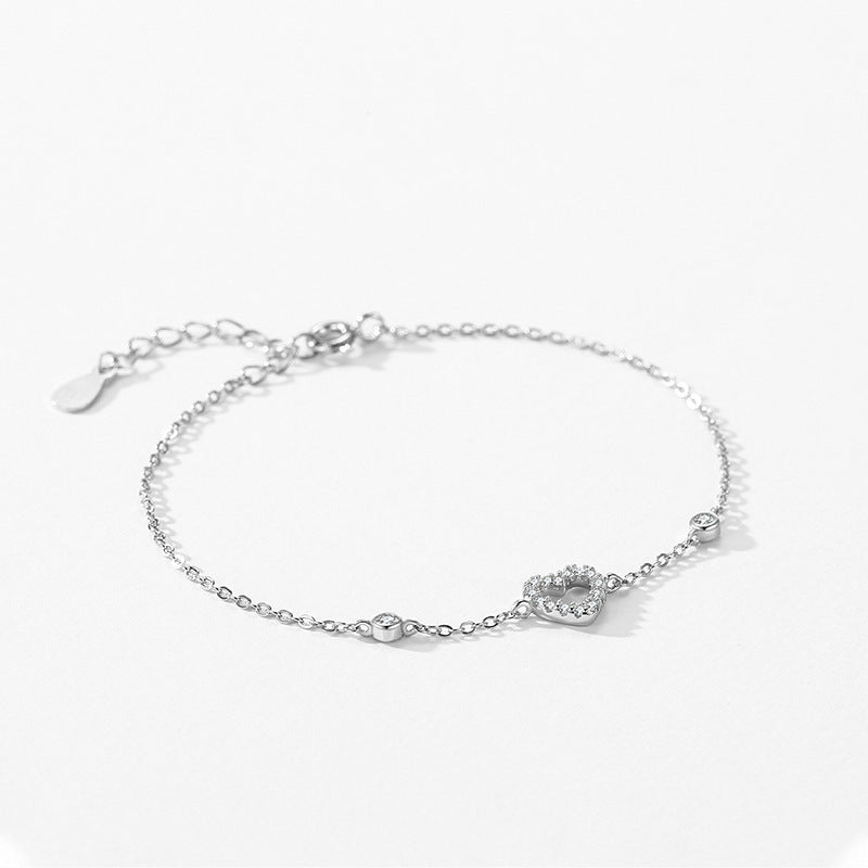 S925 Loving Heart In Sterling Silver Hollow Micro Rhinestone Bracelet