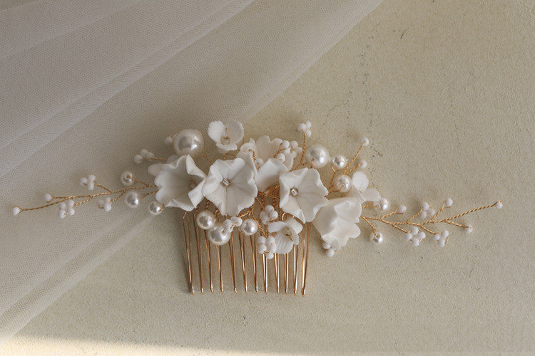 White Ceramic Flower Bridal Hair Comb Shell