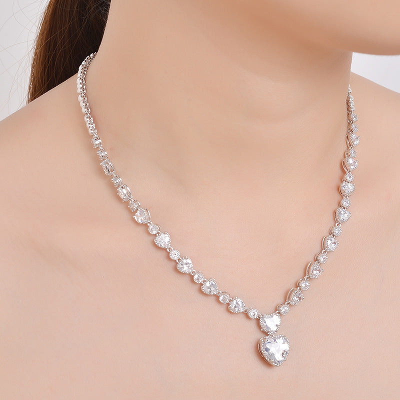 Silver Needle Zircon Bridal Jewelry Set Hollow Heart-shaped Earrings Necklace