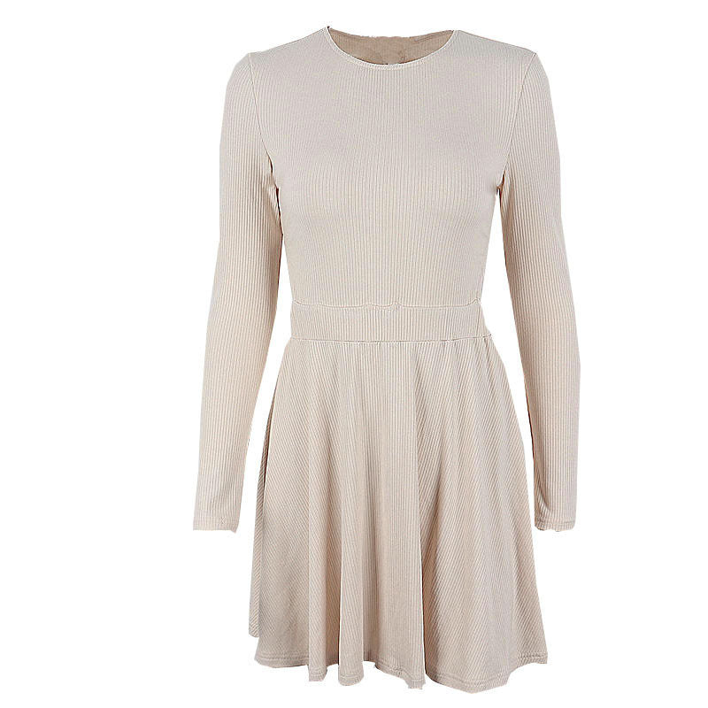 Women Long Sleeved Round Neck Knitted Pleated Dress