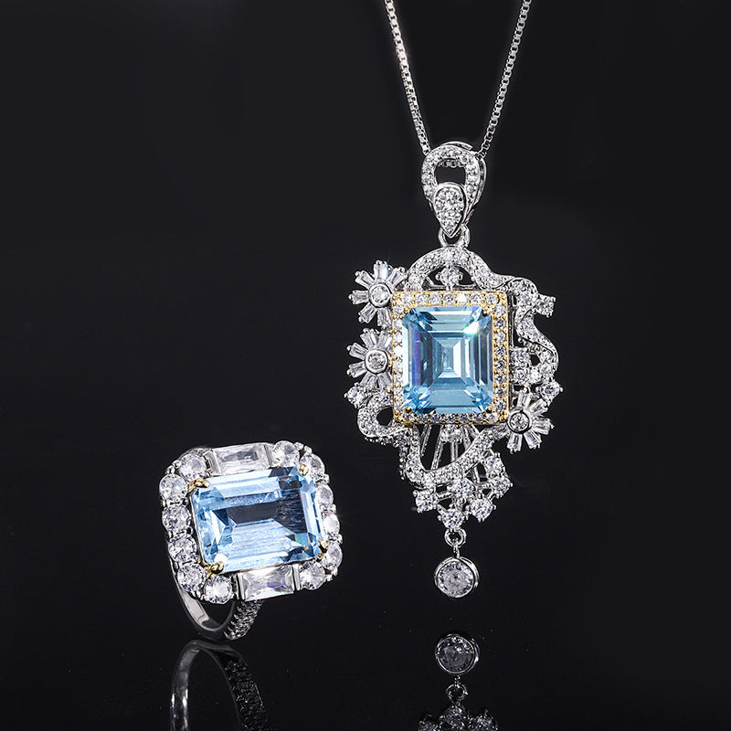 Simulated Aquamarine Pendant Ring Set