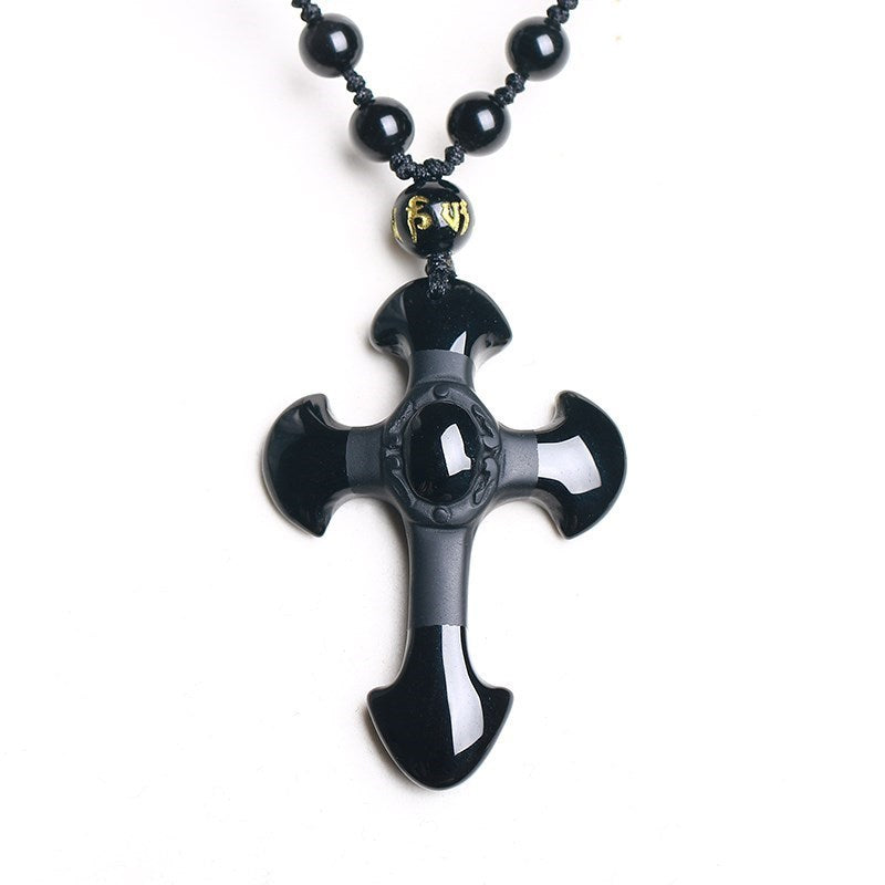 Natural Crystal Obsidian Cross Pendant Necklace