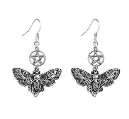 Gothic Silver Skull Butterfly Earrings