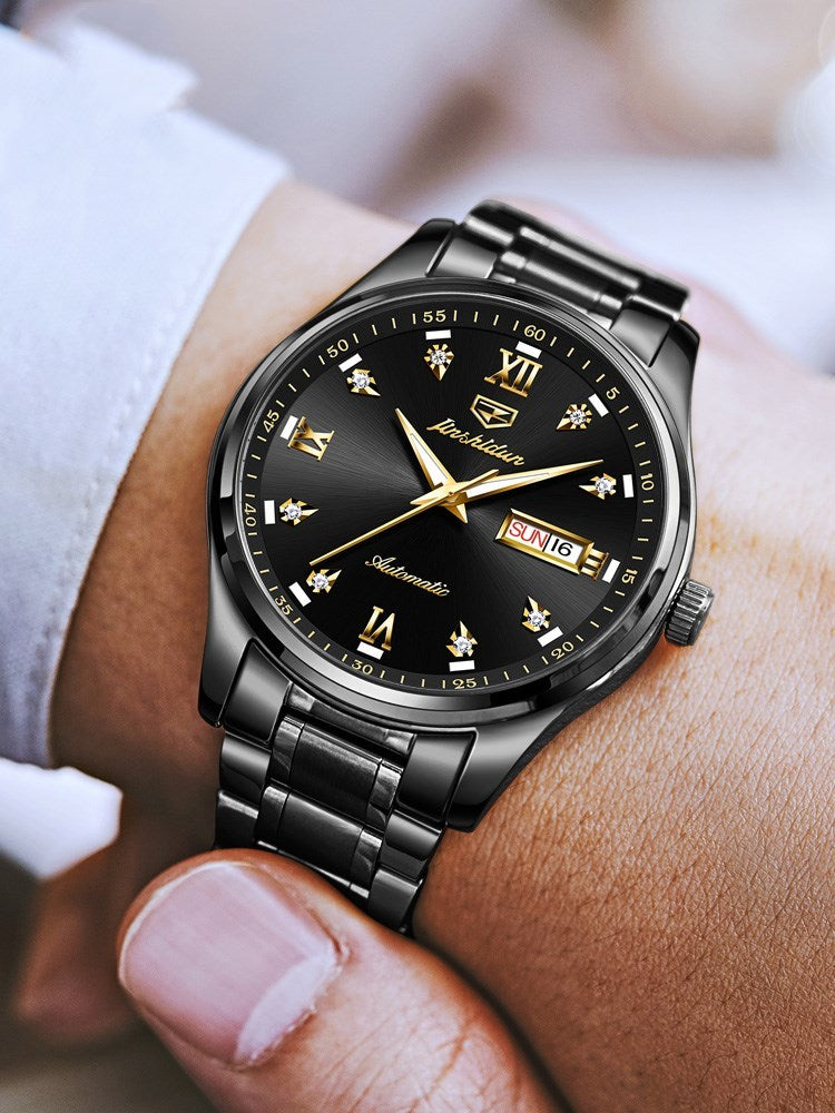 Simple dual calendar waterproof black mechanical watch