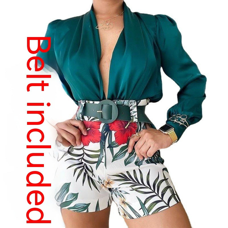 Women's Fashion Casual V-neck Long-sleeved Printed Shorts Two-piece Set