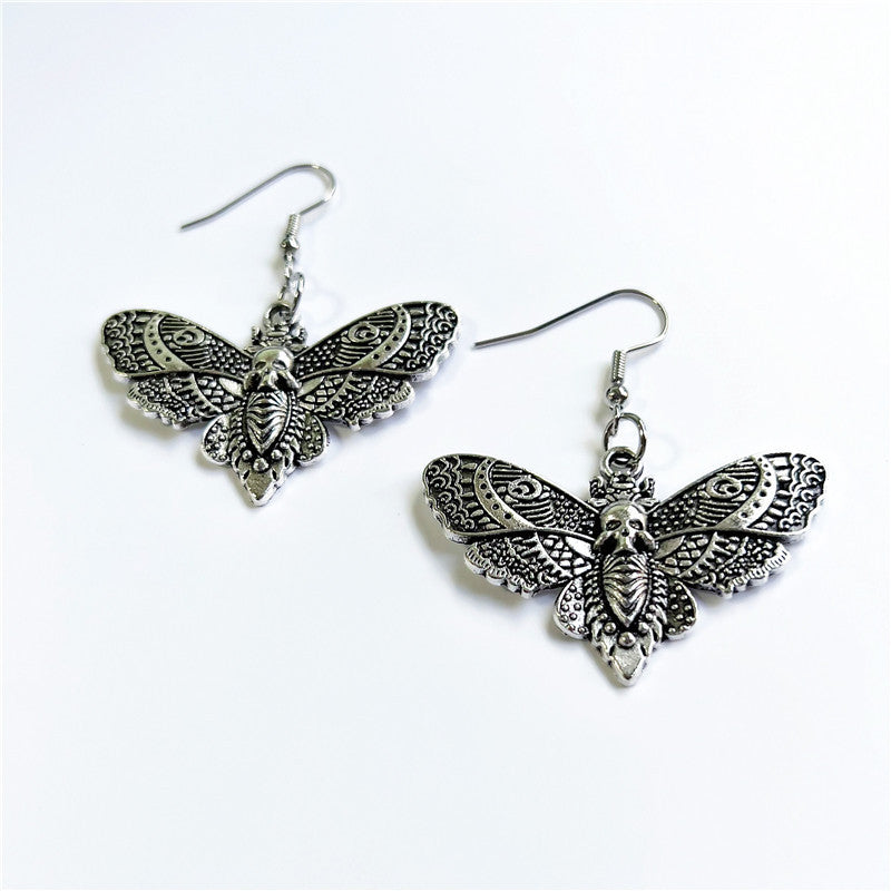 Gothic Silver Skull Butterfly Earrings