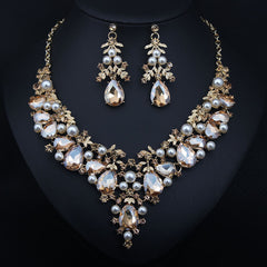 Crystal Pearl Gemstone Necklace And Earrings Set