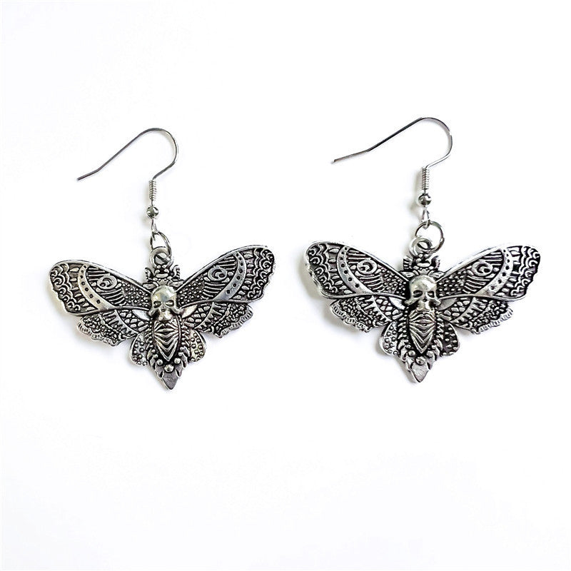 Gothic Silver Skull Butterfly Earrings