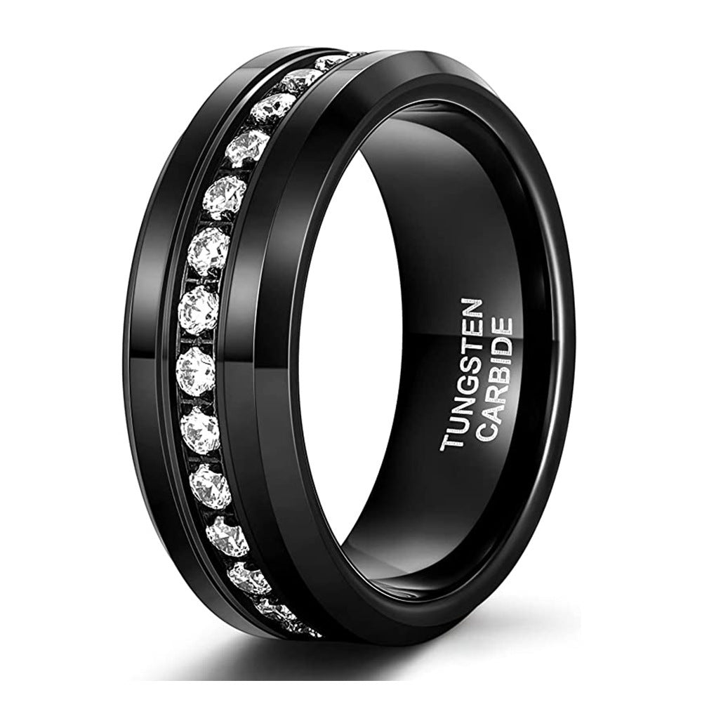 Single Row Diamond-embedded Slope Edge Unisex Silver Tungsten Ring