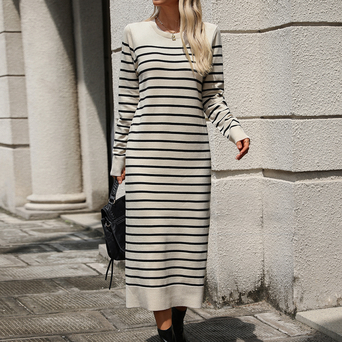 Slim Striped Printed Autumn And Winter Long Sleeve Fashion Dress