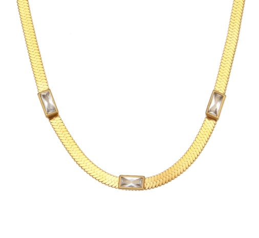 Stainless Steel Three Zircon Flat Snake Chain Choker Necklace